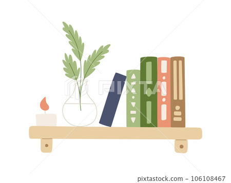 A shelf with books, a candle and a vase with abstract flowers with leaves. Home decor, interior. Books with a pattern on the covers. Vector illustration in trending flat style isolated on white. A shelf with books, a candle and a vase with abstract flowers with leaves. Home decor, interior. Books with a pattern on the covers. Vector illustration in trending flat style isolated on white. 106108467