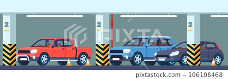 Urban underground parking garage with markings. Signs and parked cars. Automobiles stopped in building basement. Carpark floor and walls with columns. City transportation. Vector concept 106108468