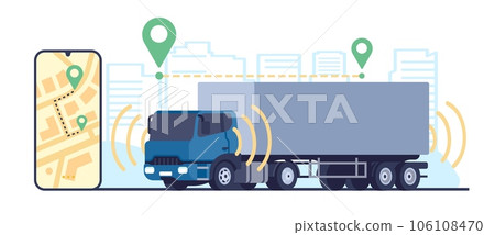 Transport of future. Truck moves on road without driver. Driverless lorry. Car automative driving. City route control smartphone application. Location pins. Cargo shipment. Vector concept Transport of future. Truck moves on road without driver. Driverless lorry. Car automative driving. City route control smartphone application. Location pins. Cargo shipment. Vector concept 106108470