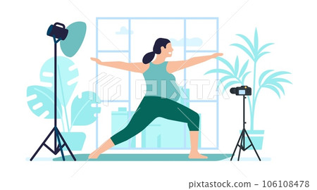 Pregnant woman leads online yoga class from home. Pregnancy workout. Female doing fitness exercises on mat. Recording training video for course. Camera and lamp tripod. Vector concept Pregnant woman leads online yoga class from home. Pregnancy workout. Female doing fitness exercises on mat. Recording training video for course. Camera and lamp tripod. Vector concept 106108478