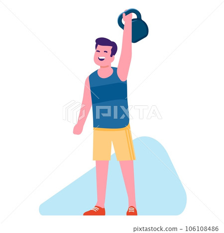 Male weightlifter lifting heavy weights. Gym bodybuilding workout. Sport training. Sportsman with kettlebell. Strong man doing athletic exercises. Happy bodybuilder. Vector concept 106108486
