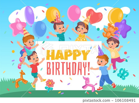 Happy little friends with balloons. Birthday party invitation. Smiling children in caps on green glade. Holiday celebration. Kids jumping and playing in meadow. Splendid vector poster Happy little friends with balloons. Birthday party invitation. Smiling children in caps on green glade. Holiday celebration. Kids jumping and playing in meadow. Splendid vector poster 106108491