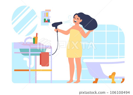 Girl dries hair with hair dryer in front of mirror. Bathroom interior. Home beauty procedure after bathing. Woman making hairstyle with hairdryer. Toilet bath and sink. Vector concept 106108494