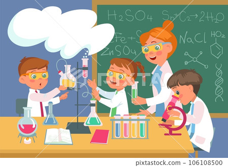 Chemistry lab lesson. Teacher with students in school laboratory conduct practical experiment. Smart kids with test tubes. Boys and girls study in classroom. Splendid vector concept 106108500