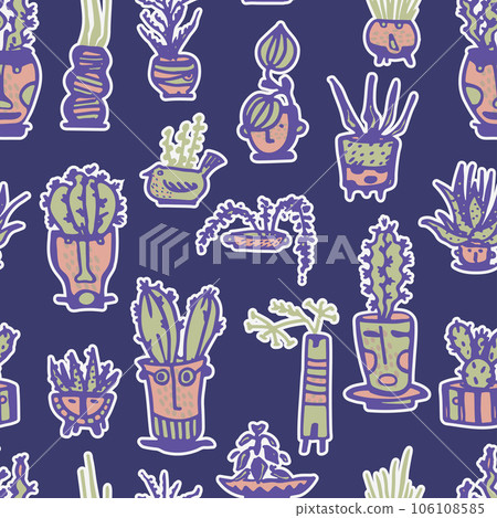 Seamless pattern. Stickers Ceramic pots with cactus comic faces. Different doodle emotions characters. Plant ceramics. Pottery vases trendy concept. Cartoon style. Hand drawn Vector illustration Seamless pattern. Stickers Ceramic pots with cactus comic faces. Different doodle emotions characters. Plant ceramics. Pottery vases trendy concept. Cartoon style. Hand drawn Vector illustration 106108585