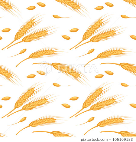 Seamless pattern of spikelets and seeds of wheat. Grains of wheat, barley, rye on a white background. Agriculture background, print, vector Seamless pattern of spikelets and seeds of wheat. Grains of wheat, barley, rye on a white background. Agriculture background, print, vector 106109188