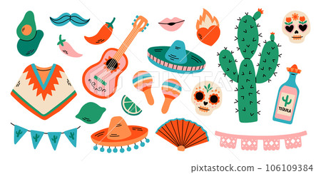 Mexican fiesta set, bright festival party decoration, Cinco de Mayo. Vector flat style illustration isolated on white Mexican fiesta set, bright festival party decoration, Cinco de Mayo. Vector flat style illustration isolated on white 106109384