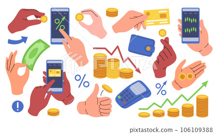 Hands holding money set. Arms with coins, banknotes, bank cards, paying, counting, giving currency. Finance flat design. Hands holding money set. Arms with coins, banknotes, bank cards, paying, counting, giving currency. Finance flat design. 106109388