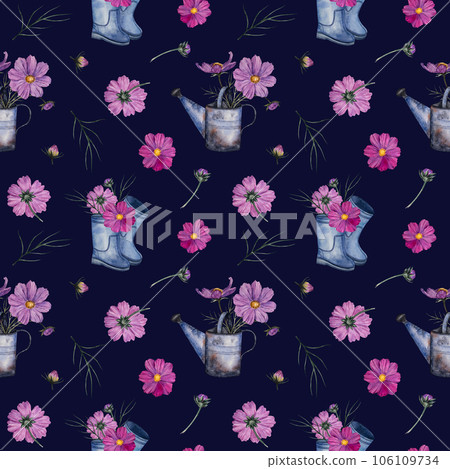 Floral seamless pattern with bouquet of cosmos flowers in metal watering can and rubber boots. watercolor illustration. Botanical pattern for fabrics, textiles, wallpapers, scrapbooking Floral seamless pattern with bouquet of cosmos flowers in metal watering can and rubber boots. watercolor illustration. Botanical pattern for fabrics, textiles, wallpapers, scrapbooking 106109734