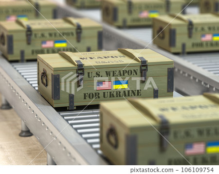 Military production, supply and delivery USA american weapon for Ukraine. Weapon box with flags of USA and Ukraine on conveyor belt. 106109754