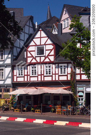Beautiful facades of old German half-timbered houses in Marburg. 106109800