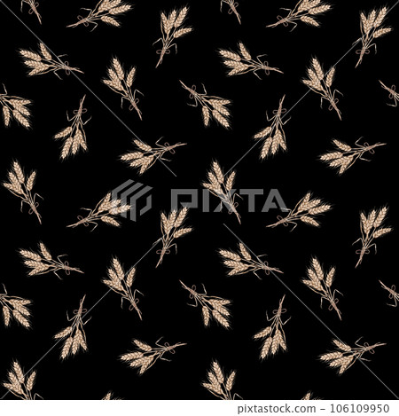 Seamless wheat spikelet pattern. Watercolor herbal background with wheat spica, oats spikelet illustration for textile, wallpapers, bakery decor. Autumn harvest, crops. Seamless wheat spikelet pattern. Watercolor herbal background with wheat spica, oats spikelet illustration for textile, wallpapers, bakery decor. Autumn harvest, crops. 106109950