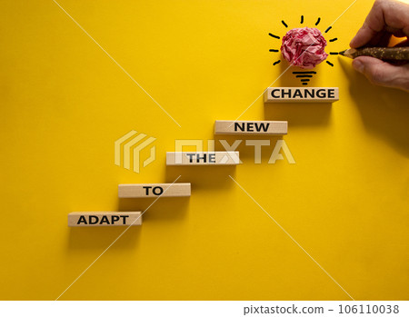 Adapt to the new change symbol. Wooden blocks with words Adapt to the new change on beautiful yellow background, copy space. Businessman hand, light bulb icon. Business, adapt to change concept. Adapt to the new change symbol. Wooden blocks with words Adapt to the new change on beautiful yellow background, copy space. Businessman hand, light bulb icon. Business, adapt to change concept. 106110038