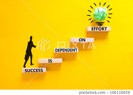 Success and effort symbol. Concept words Success is dependent on effort on wooden block. Beautiful yellow table yellow background. Businessman icon. Business success and effort concept. Copy space. Success and effort symbol. Concept words Success is dependent on effort on wooden block. Beautiful yellow table yellow background. Businessman icon. Business success and effort concept. Copy space. 106110039