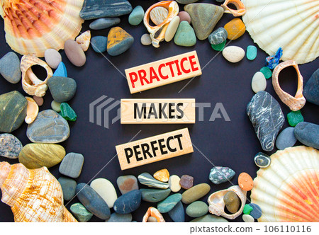 Practice makes perfect symbol. Concept words Practice makes perfect on wooden block. Beautiful black table black background. Sea stone seashell. Business practice makes perfect concept. Copy space. 106110116