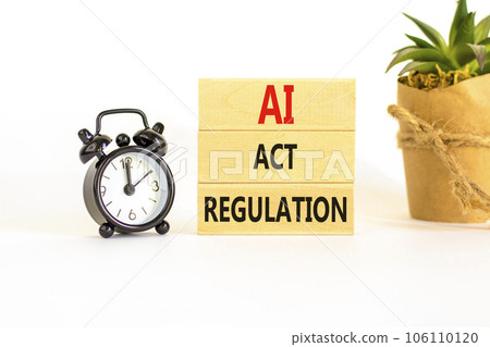 AI act regulation symbol. Concept words AI artificial intelligence act regulation on wooden block. Beautiful white background. Black alarm clock. Business AI act regulation concept Copy space 106110120