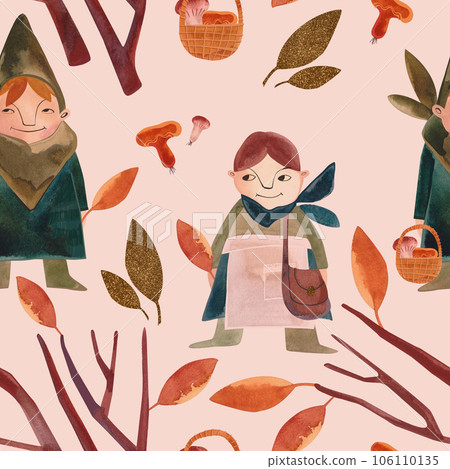 Watercolor seamless patern with autumn gnomes . Seasonal wrapping paper. Fall. Raster illustration for packaging, wallapers, wrapping paper, textile. Beige background 106110135