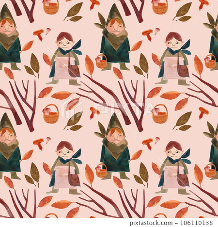 Watercolor seamless patern with autumn gnomes . Seasonal wrapping paper. Fall. Raster illustration for packaging, wallapers, wrapping paper, textile. Beige background Watercolor seamless patern with autumn gnomes . Seasonal wrapping paper. Fall. Raster illustration for packaging, wallapers, wrapping paper, textile. Beige background 106110138