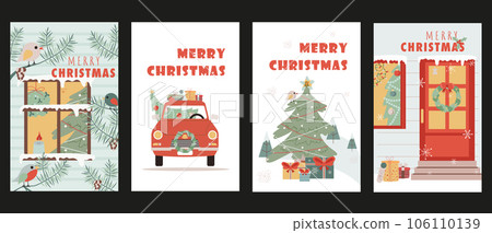 Christmas holiday cover brochure set in trendy flat design. Poster templates with festive fir tree with toys in snowy window, birds on branches, door and car with decor and gifts. Vector illustration. 106110139
