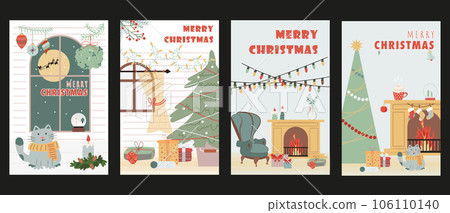 Christmas holiday cover brochure set in trendy flat design. Poster templates with cozy room, window with candles and decor, festive fir tree with toys and gifts, cute cat at home. Vector illustration. 106110140
