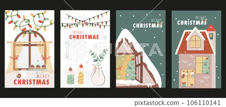 Christmas holiday cover brochure set in trendy flat design. Poster templates with cozy window with garland, candles and decor, homes with festive fir tree with toys and gifts. Vector illustration. Christmas holiday cover brochure set in trendy flat design. Poster templates with cozy window with garland, candles and decor, homes with festive fir tree with toys and gifts. Vector illustration. 106110141