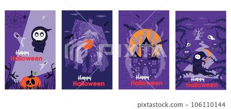 Halloween holiday cover brochure set in trendy flat design. Poster templates with death character, pumpkin and flying ghosts, night forest with tombstones, old spooky castle. Vector illustration. 106110144