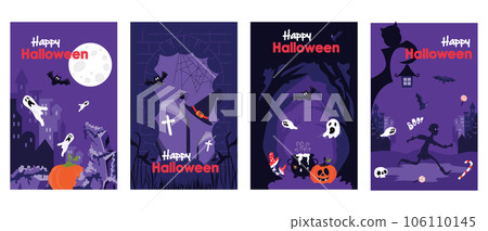 Halloween holiday cover brochure set in trendy flat design. Poster templates with night city with flying bats and ghosts, witch hat and cauldron, evil dark forest with pumpkin. Vector illustration. 106110145