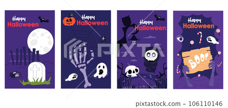 Halloween holiday cover brochure set in trendy flat design. Poster templates with creepy tombstone and moon, flying bats and ghosts, death and sculls, trick or treats candies. Vector illustration. Halloween holiday cover brochure set in trendy flat design. Poster templates with creepy tombstone and moon, flying bats and ghosts, death and sculls, trick or treats candies. Vector illustration. 106110146