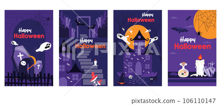 Halloween holiday cover brochure set in trendy flat design. Poster templates with spooky death character, flying ghosts, old castle and house with moon, creepy potion and candles. Vector illustration. 106110147