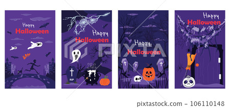 Halloween holiday cover brochure set in trendy flat design. Poster templates with flying spooky ghosts, witch cauldron on cemetery, creepy pumpkins, evil trees and other symbols. Vector illustration. Halloween holiday cover brochure set in trendy flat design. Poster templates with flying spooky ghosts, witch cauldron on cemetery, creepy pumpkins, evil trees and other symbols. Vector illustration. 106110148
