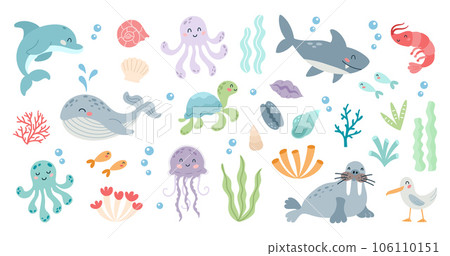 Set of cute marine animals in flat cartoon style. Sea life, ocean design elements for printing, poster, card. Vector illustration Set of cute marine animals in flat cartoon style. Sea life, ocean design elements for printing, poster, card. Vector illustration 106110151