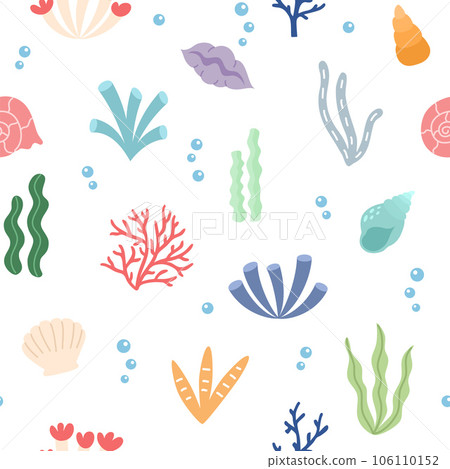 Seamless pattern with colored cartoon seaweed, shells and corals on a white background. Sea flora design for print, textile. Vector illustration 106110152