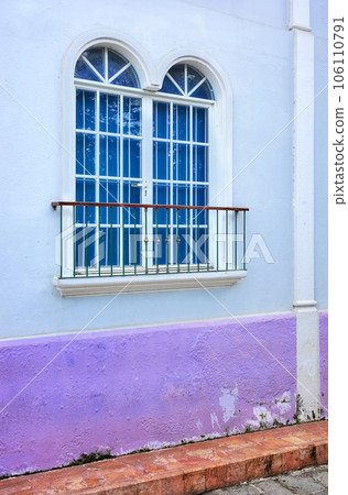 Street view of a colorful facade with window, architecture background, Guayaquil, Ecuador. 106110791