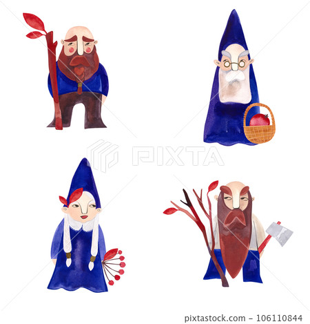 Set of watercolor gnomes in blue costumes. Autumn. Isolated illustration. Clipart. Raster illustration for packaging, greeting cards and wrapping paper, gifts, posters. 106110844