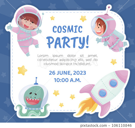 Cosmic Party Invitation Card with Cute Kid Astronaut Character in Space Suit Vector Template Cosmic Party Invitation Card with Cute Kid Astronaut Character in Space Suit Vector Template 106110846