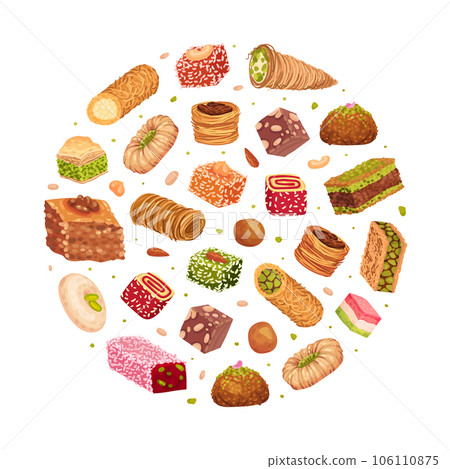Eastern and Arabic Sweets Round Composition Design Vector Template 106110875