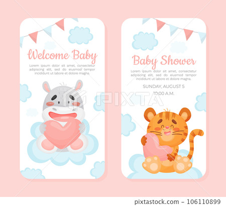 Baby Shower Invitation Card with Cute Animal Vector Template Baby Shower Invitation Card with Cute Animal Vector Template 106110899
