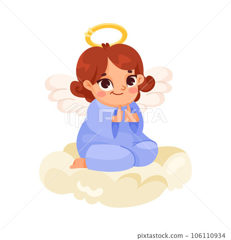 Cute Girl Angel with Wings and Nimbus on Soft Cloud Vector Illustration 106110934