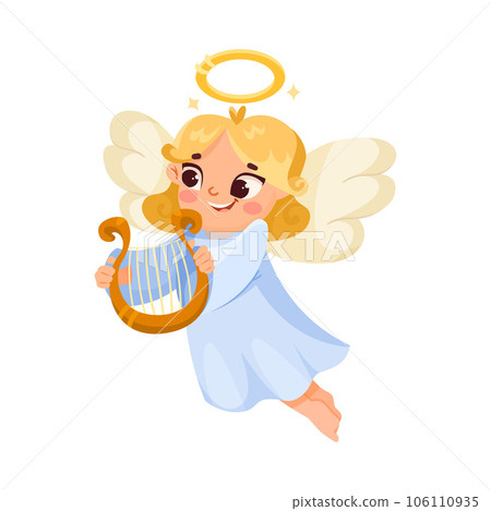 Cute Blonde Girl Angel with Harp and Nimbus Vector Illustration 106110935