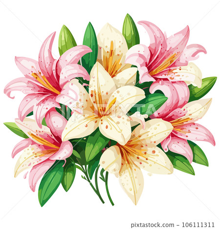 Illustration of a bouquet of pink lilies on a white background. 106111311