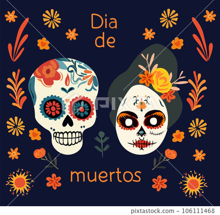 Dia de los Muertos, Day of the Dead celebration in Mexico with, featuring skull and colorful flowers and leaves. Vector design for posters, banners, and cards. Vector Dia de los Muertos, Day of the Dead celebration in Mexico with, featuring skull and colorful flowers and leaves. Vector design for posters, banners, and cards. Vector 106111468