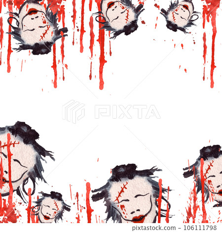Halloween frame witch with Blood stains. Watercolor scary hand painted illustration isolated white background Scary halloween monsters design for postcards, banners, invitations, celebrations, cards Halloween frame witch with Blood stains. Watercolor scary hand painted illustration isolated white background Scary halloween monsters design for postcards, banners, invitations, celebrations, cards 106111798