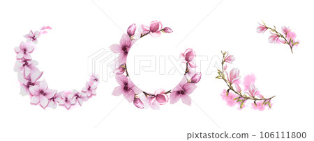 Three floral round frame with watercolor pink magnolias flowers, bough, leaves and buds kit. Hand painted illustration on white background. Botanical set for wedding, invitations and greeting cards Three floral round frame with watercolor pink magnolias flowers, bough, leaves and buds kit. Hand painted illustration on white background. Botanical set for wedding, invitations and greeting cards 106111800