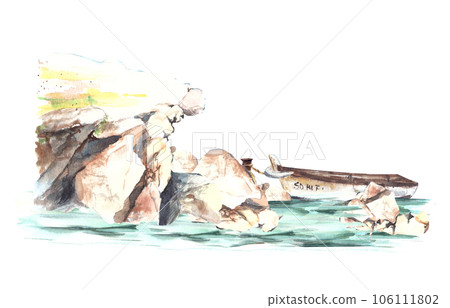 Watercolor hand-drawn maritime illustration. Fishing boat at sea with reflection, tied to stone pier. Isolated on white background Nautical design for cards, invitation, poster, travel booklet 106111802