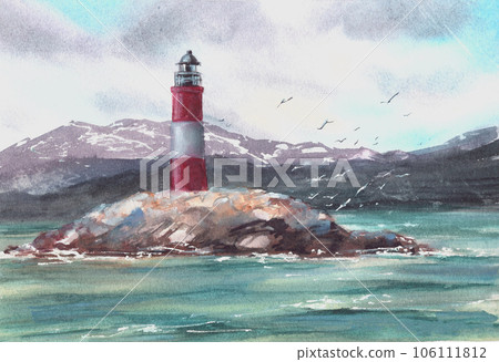 Seascape Les Eclaireurs Lighthouse with Cormorants and Sea Lions on the rocks Landmark on Beagle channel near Ushuaia, Tierra del Fuego, Patagonia, Argentina. Watercolor hand painted illustration 106111812
