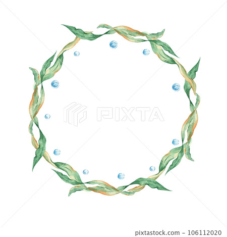 Floral sea wreath, seaweeds and water bubbles birthday card. Marine design. Watercolor hand drawn illustration isolated on white background. For cards, logos, marine design. Floral sea wreath, seaweeds and water bubbles birthday card. Marine design. Watercolor hand drawn illustration isolated on white background. For cards, logos, marine design. 106112020