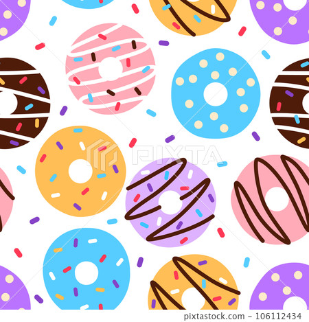 Colorful flat donut seamless pattern on white background. Bright doughnut with sugar sprinkles repeat tile. Unhealthy treat wallpaper wrapping paper design. Fabric textile creative illustration 106112434