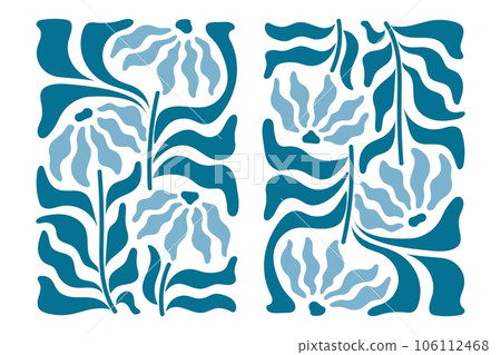 Matisse style blue Flower. Turquoise tones and mirrored reflection. Simple doodle flowing smooth leaves and branches. Daisy with petals and curvy leaf, including stem. Vector trendy flat modern Matisse style blue Flower. Turquoise tones and mirrored reflection. Simple doodle flowing smooth leaves and branches. Daisy with petals and curvy leaf, including stem. Vector trendy flat modern 106112468