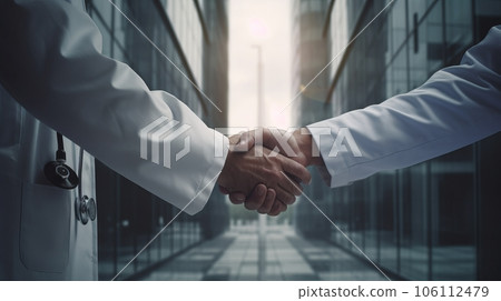Handshake of two doctors in white coats on the background of a glass building 106112479