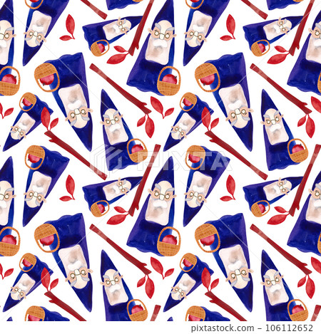 Watercolor seamless patern with autumn gnomes . Seasonal wrapping paper. Fall. Raster illustration for packaging, wallapers, wrapping paper, textile. White background Watercolor seamless patern with autumn gnomes . Seasonal wrapping paper. Fall. Raster illustration for packaging, wallapers, wrapping paper, textile. White background 106112652